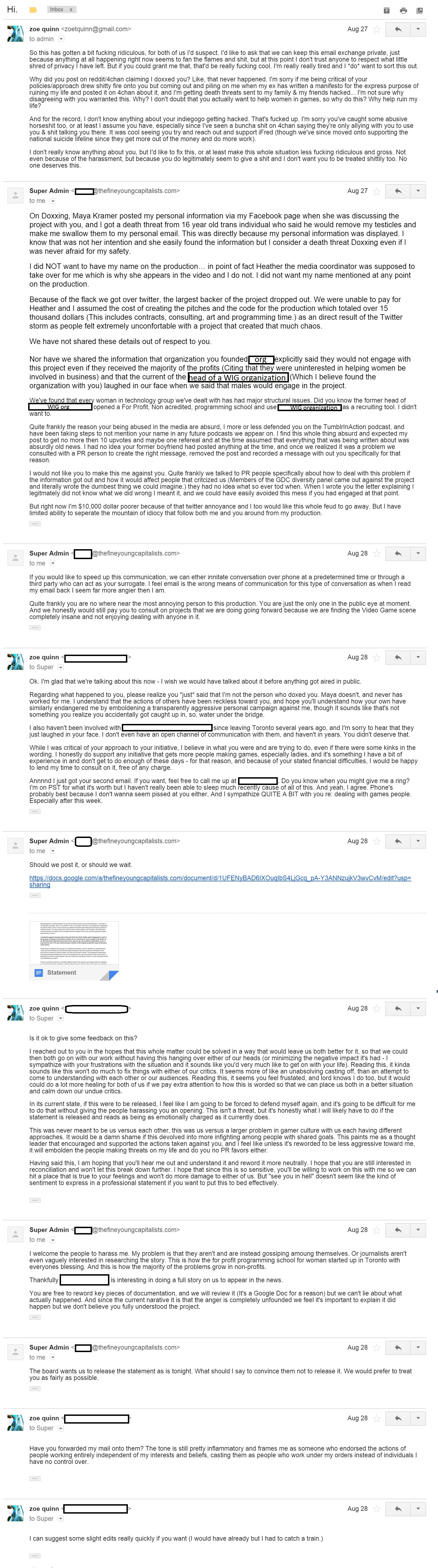 Zoe Quinn/TFYC emails (27–28 August 2014)