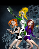 Image of a game cover with three women in skimpy outfits